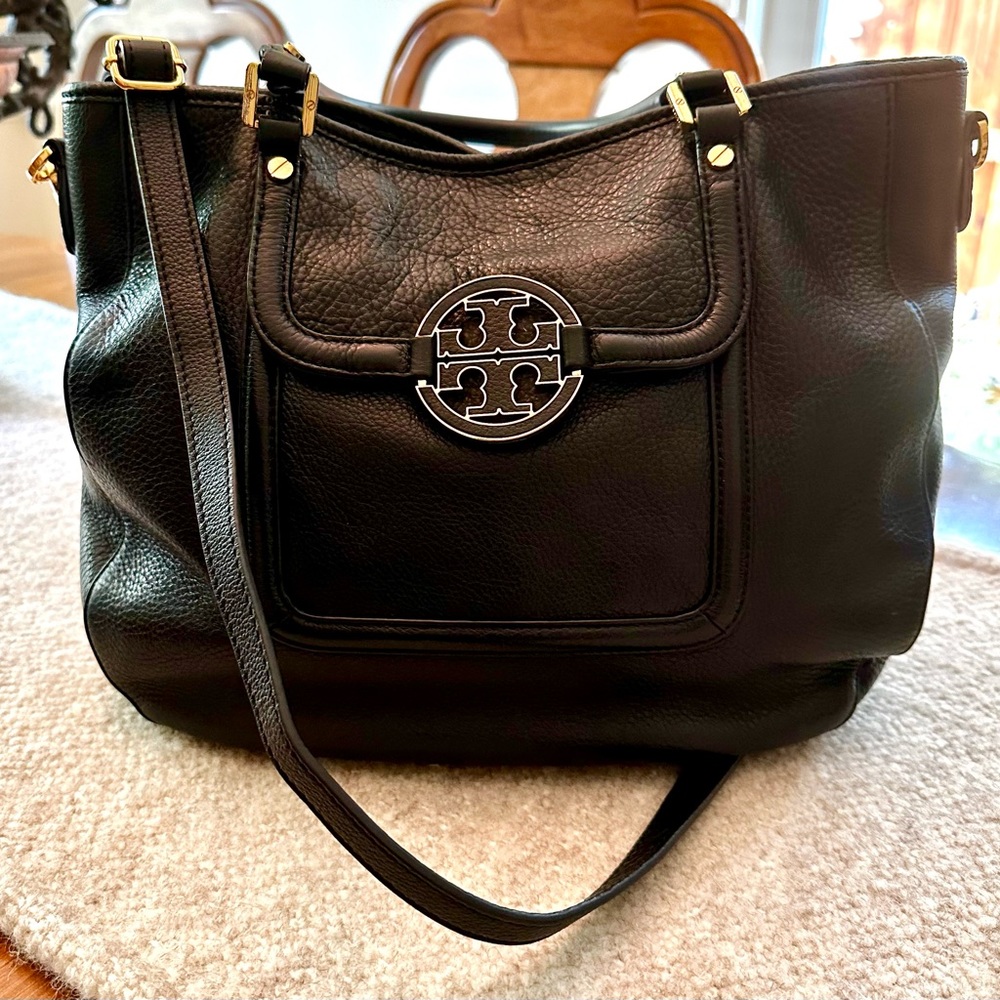 TORY BURCH Classic Black Leather Top Handle Bag w/ Adjustable Strap